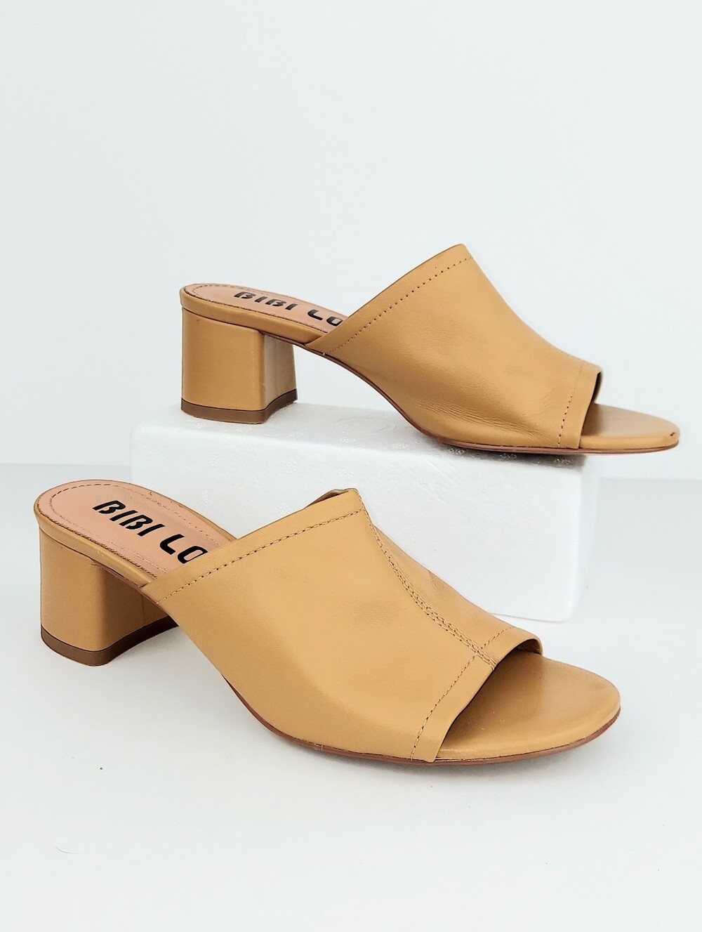 Bibi Lou Block Heel Mule Sandals Honey Tan Leather EU 36